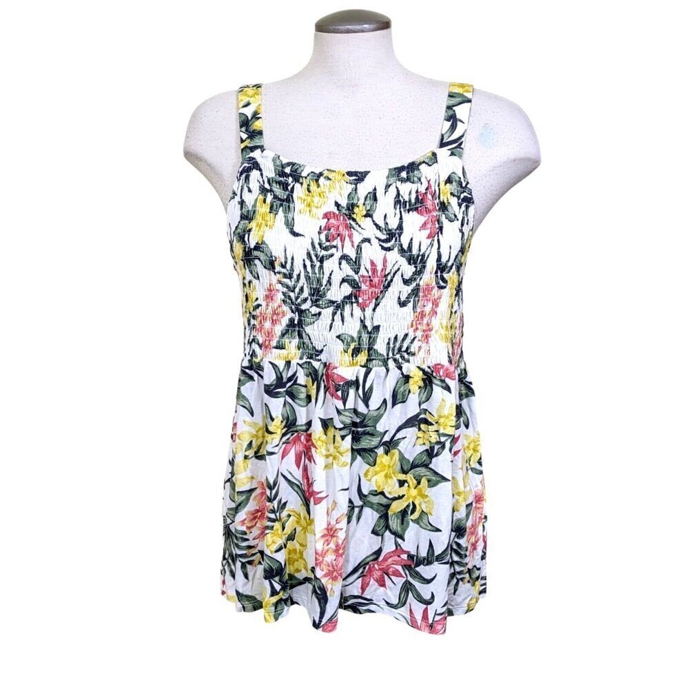 Womens M Smocked Tank Top Hawaiian Print Wide Strap Babydoll Y2K Square Neck